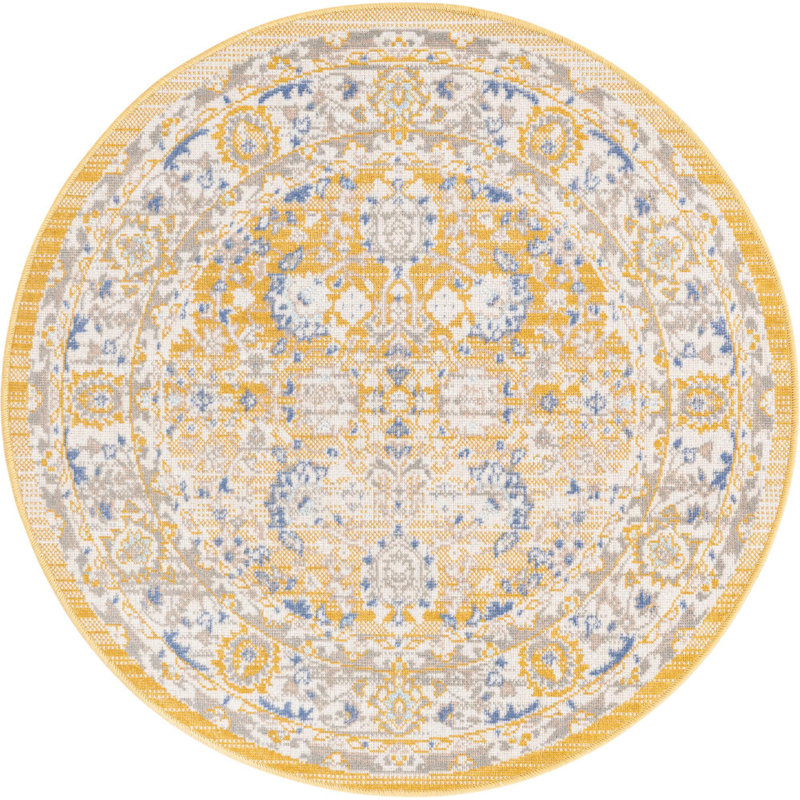 Tapis traditionnel Denena couleur moutarde, Rond 3 pi 3 po