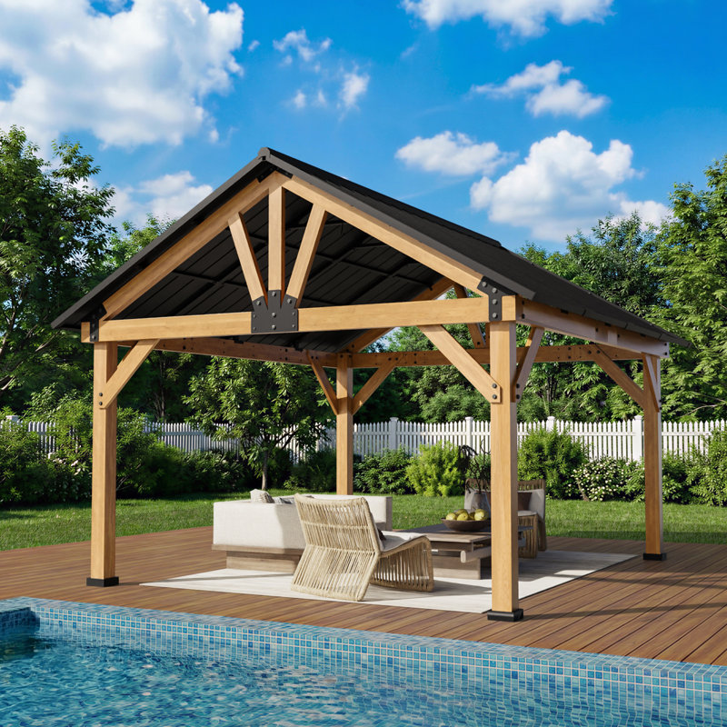  Pavillon de jardin permanent en métal L 11 pi. X P 11 pi. D Pavillon de jardin en bois massif d'extérieur, pavillon de jardin à toit rigide avec toit en acier galvanisé, pour patio, jardin, terrasse