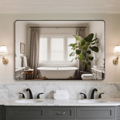 SUMERAIN Bathroom Vanity Mirror 32x48 Inch, Matte Black Aluminum Framed Wall Mirror with Tempered Glass for Large Spaces in Modern or Farmhouse Bathrooms