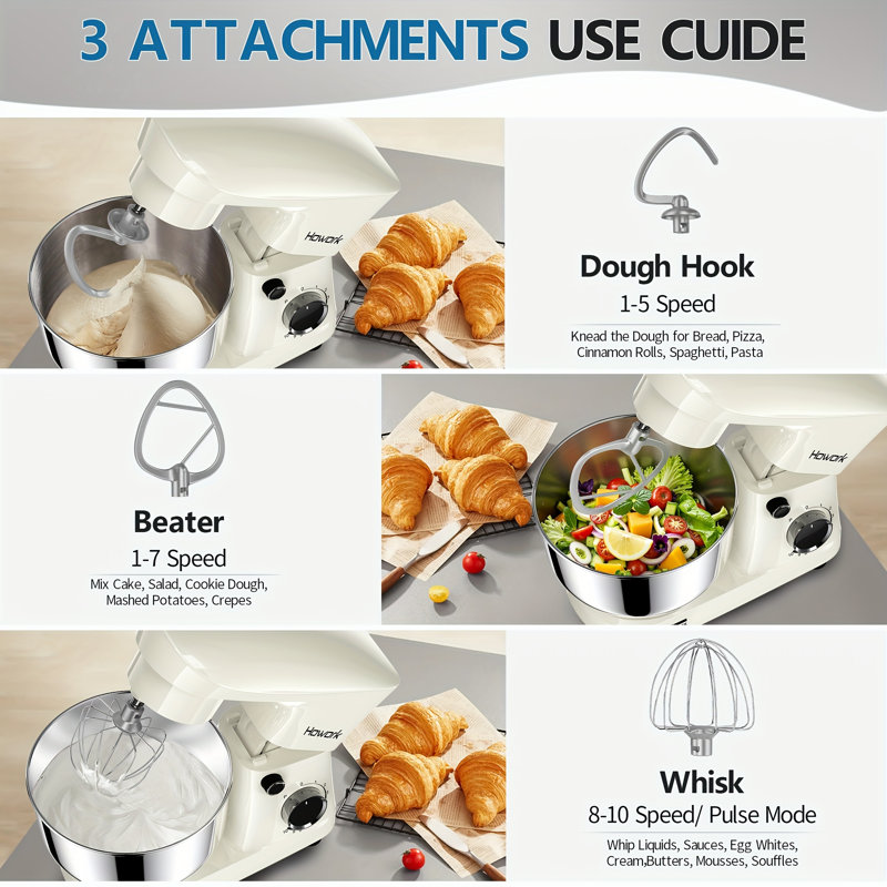 HOWORK 10 Speed 6L Stand Mixer Dough Hook, Cream