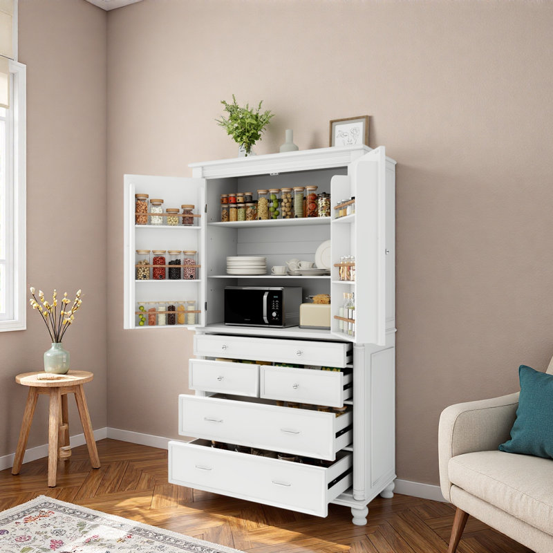 Garde-manger autoportant avec 6 tablettes de porte, 2 tablettes réglables et 5 tiroirs, Blanc