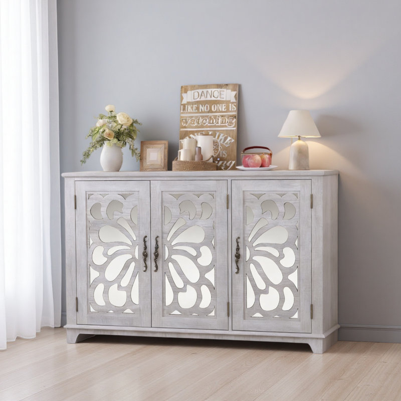 49.33" X 15.55" Spacious Size Countertop Sideboard With 3 Mirrored Doors Adjustable Shelves Buffet Cabinet, Storage Cabinet For Living Room, Bedroom, Dinning Room, Kitchen, Hallway Closet