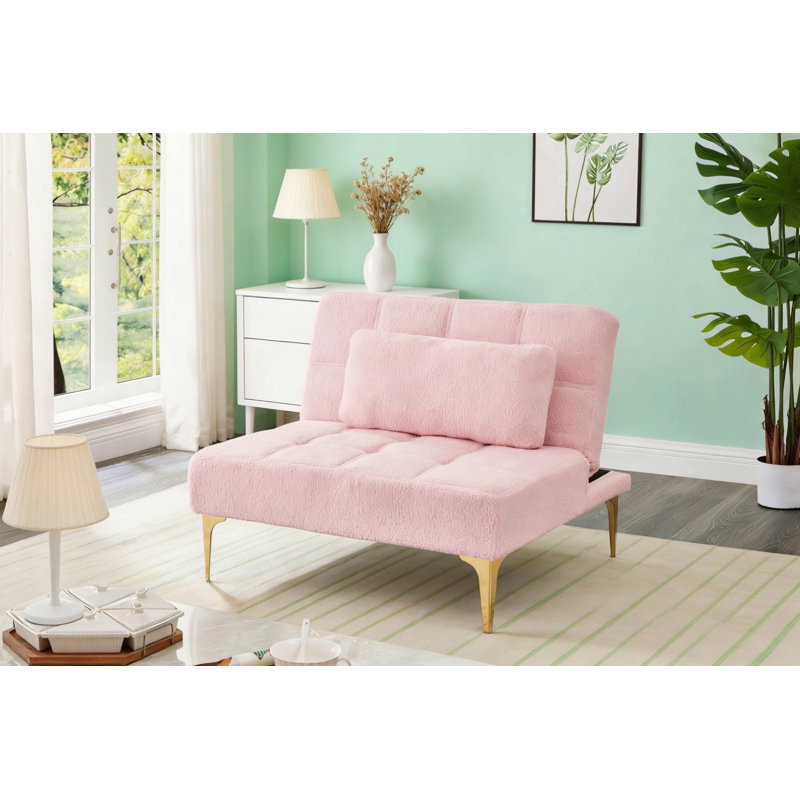 Futon convertible pour canapé-lit simple avec tissu en peluche et pieds en métal doré pour les petits espaces