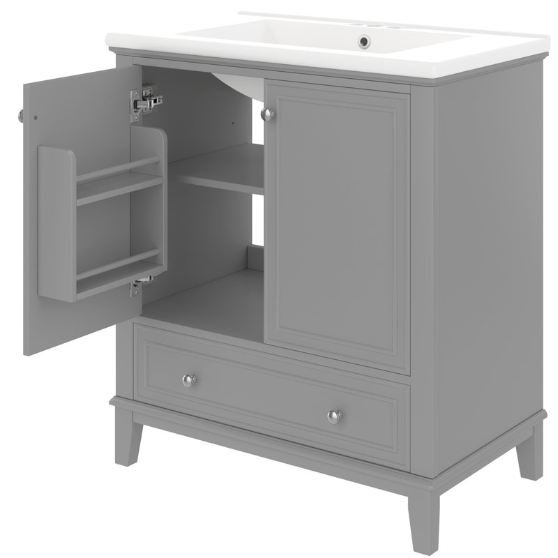 Meuble-lavabo 30 po avec lavabo - portes d'armoire grises et tiroir en bois massif, Gris