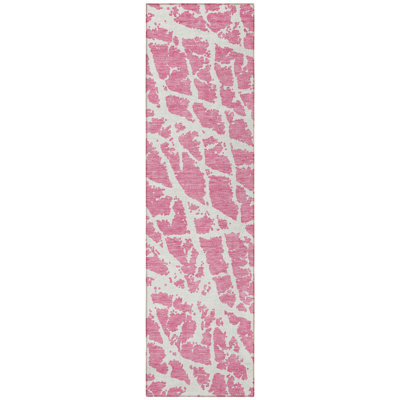 8' Runner Pink and Ivory Abstract Washable Non Skid Indoor Outdoor Runner Rug