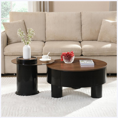 Ensemble de 2 tables basses rondes gigognes, table basse avec tiroir de rangement, table centrale en plastique noir pour le salon, grand: 27,56 po, petit: 19,69 po