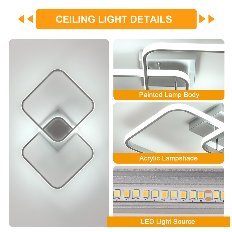 64Cm Silver Square LED Dimmable Flush Mount Ceiling Light With Remote