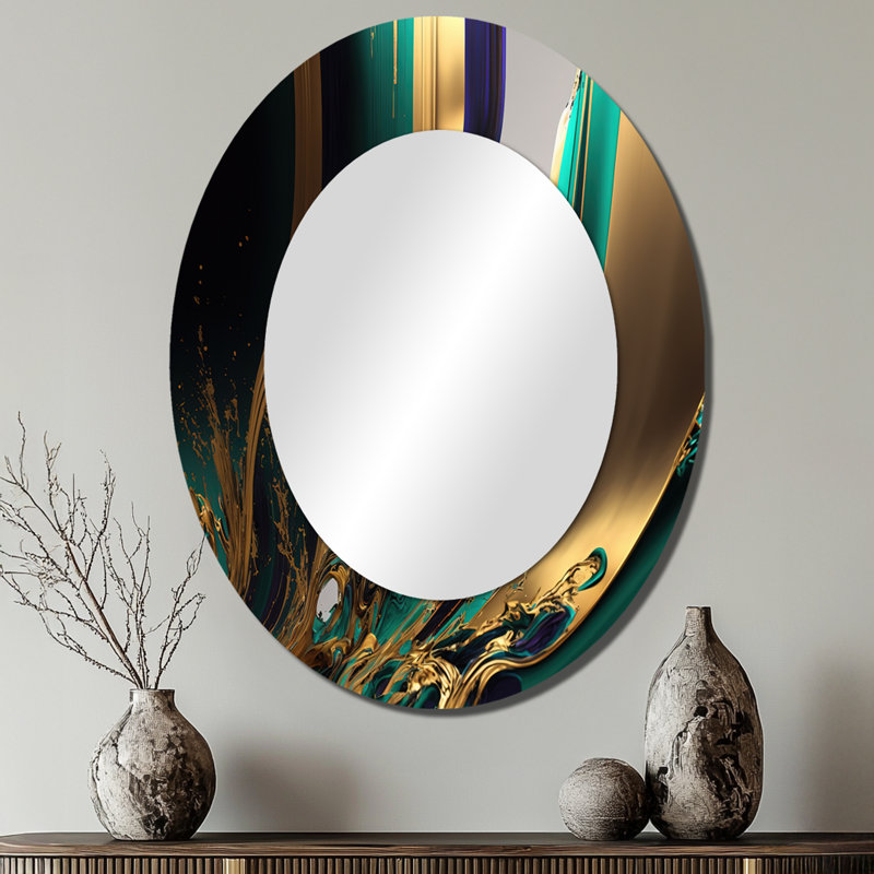 Green And Gold Agate III - Abstract Oval Decorative Mirror On Metal, 40" x 30"