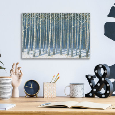 Art mural en verre épique «Shimmering Birches C» par James Wiens, 16 po x 12 po