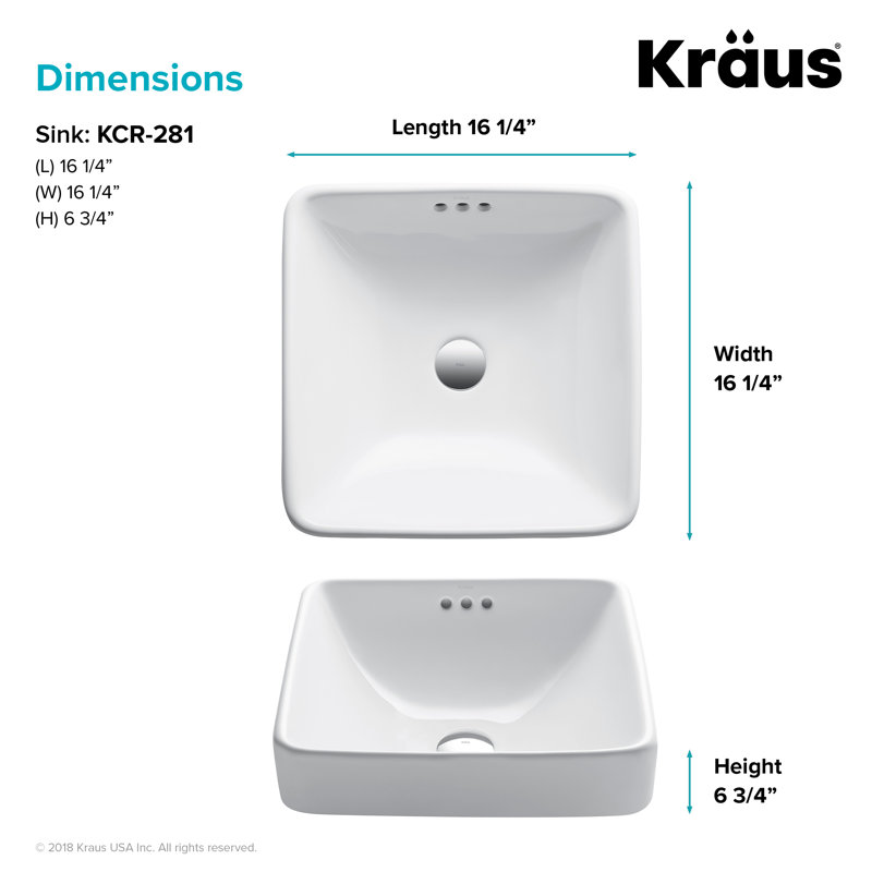 Elavo White Ceramic Square Semi-Recessed Vessel Sink, 16.25 inch