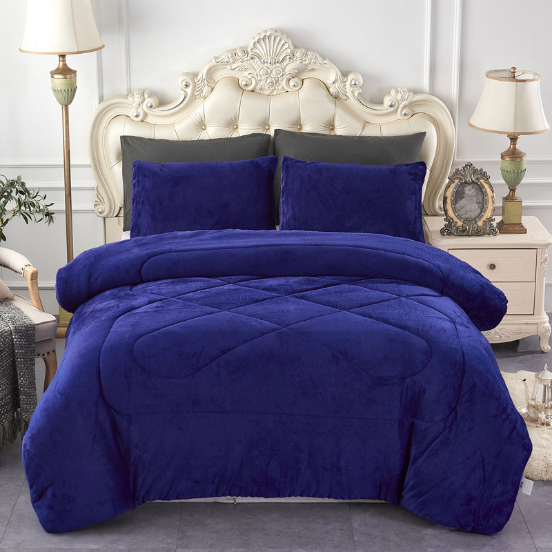 JML BorregoSolid1024 Microfiber Reversible 3 Piece Comforter Set, Sherpa Flannel Fleece Bed Blanket, King/Queen , Navy