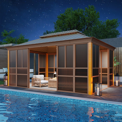 16 pi L 12 pi. D Pavillon de jardin d'extérieur à toit rigide - Solarium en aluminium entièrement fermé avec finition grain de bois, portes coulissantes et fenêtres coulissantes en PE et double toit en acier galvanisé pour patio, terrasse et spa