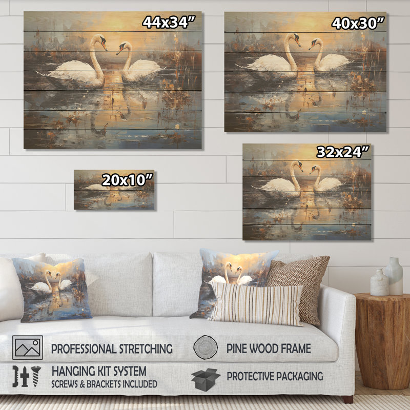 Cygne blanc, harmonie, clair de lune, étang, H 24 po x l 32 po
