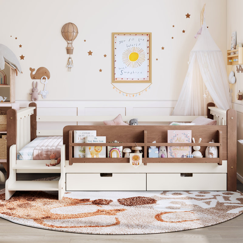 Lit simple en bois massif avec bibliothèque de rangement et tiroirs, lit pour enfants avec escalier, garde-corps, sans sommier, beige