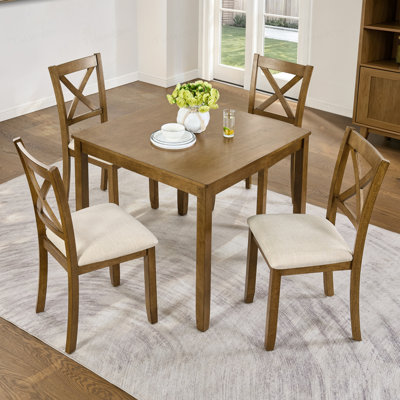 Elegant 5-Piece Oak Dining Table Set for 4 – Modern Wooden Kitchen & Dining Room Furniture with 4 Upholstered Chairs – Space-Saving Square Dining Set