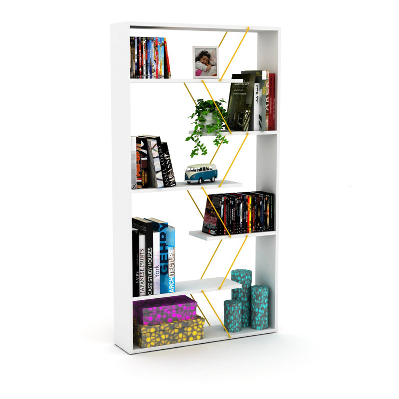 Bibliothèque blanche / jaune à 6 tablettes, structure en bois industriel pour le bureau et les espaces de vie, White/Gold