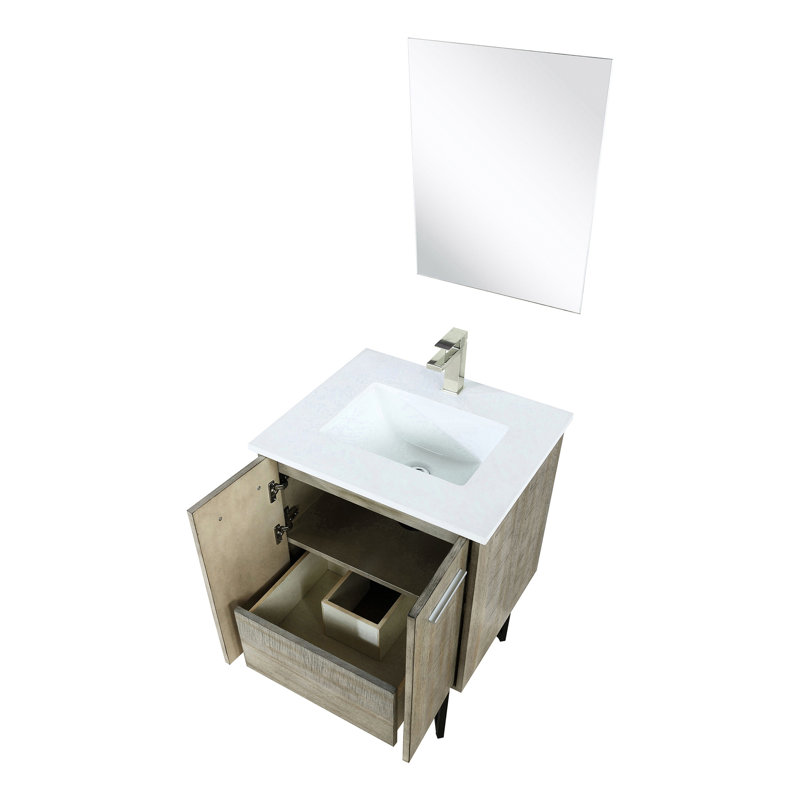 24 po L x P 20 po, ensemble de meuble-lavabo rustique avec comptoir en quartz blanc, marque en nickel brossé et miroir en forme de croix pour surface de salle de bain, cerf aménagé