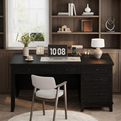 53.5" Farmhouse Executive Desk with Charging Station, Wood Computer Desk with Drawers & File Cabinet for Home Office