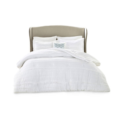 5 Piece Microfiber Comforter Queen - White With Embroidery Detail, , Includes Comforter, 2 Shams, Decorative Pillow, Bed Skirt, Machine Washable Size Ruffles And