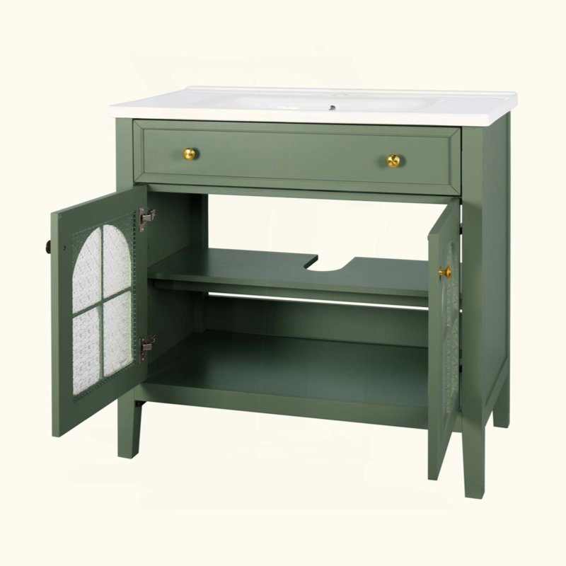 Lavabo de salle de bain de style Mid-Century avec verre à motif et bande lumineuse à capteur de mouvement, lavabo de salle de bain autoportant Farmhouse avec rangement, meuble-lavabo haut de gamme (robinet non inclus)