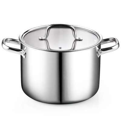 Cook N Home Stainless Steel Stockpot 8 Quart, Tri-Ply Clad Soup Pot with Glass Lid, Induction Compatible, Heavy Duty Canning Pot, Dishwasher Oven Safe, Silver