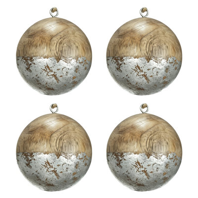 Ensemble de 4 boules de Noël suspendues en bois de manguier naturel 4 pouces avec demi-couche irrégulière en feuille d'argent vieillie pour arbre de Noël rustique et décoration de scène de vacances intérieure, ensemble de 4