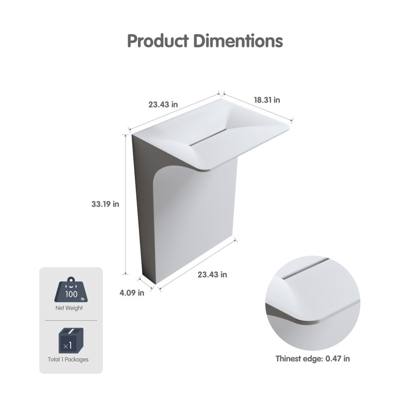 Modern Wall-mounted Solid Surface Pedestal Sink, 1-piece Floating Vessel With Hidden Linear Drain, Wall Mount Faucet Compatible, White For Small Bathroom & Powder Room