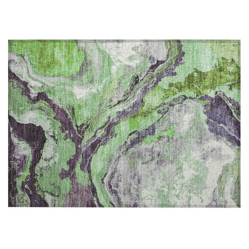 Machine Washable Indoor/Outdoor Xhevrie Green Rug, Rectangle 1'8" x 2'6"
