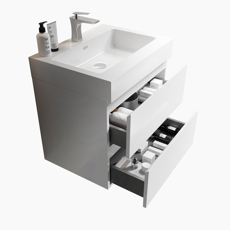 Meuble-lavabo simple 24 po avec surface solide, Blanc, Blanc
