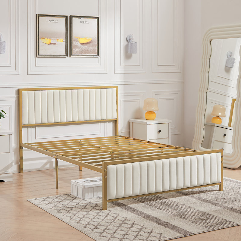 Rafela Upholstered Bed Modern Strip Headboard Footboard Full Size Platform Bed Frame with Heavy-Duty Metal Slats, No Box Spring Needed