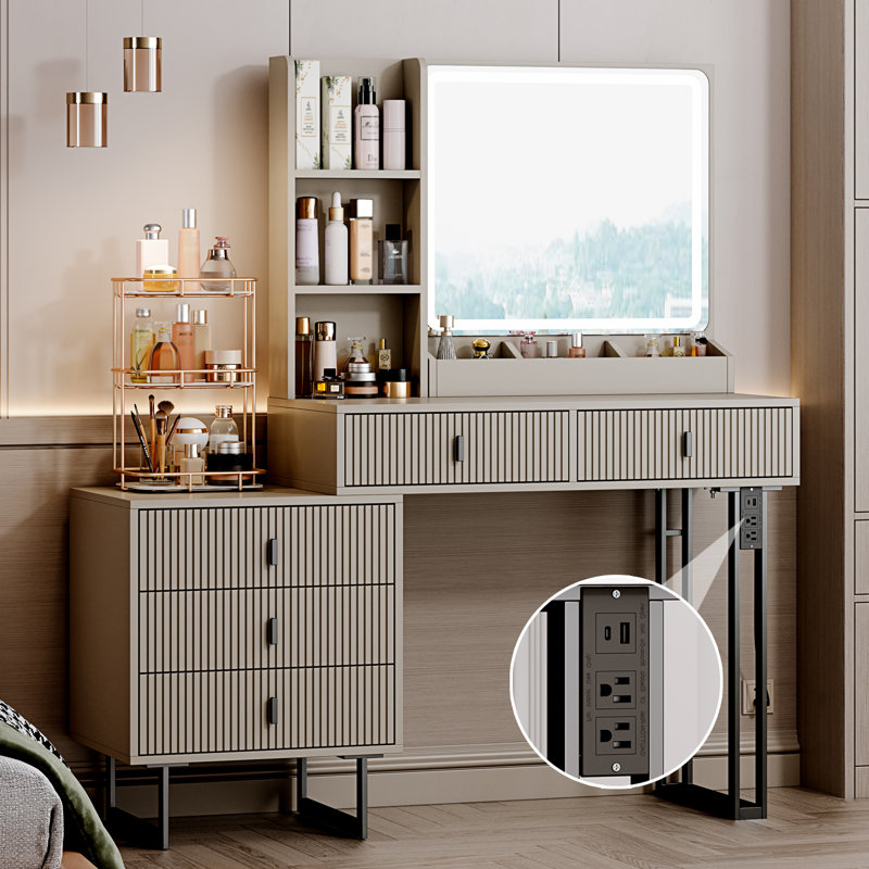 Axelson Makeup Vanity Desk with Large Mirror and Lights&Charging Station,3 Lighting Modes, Black/Gray