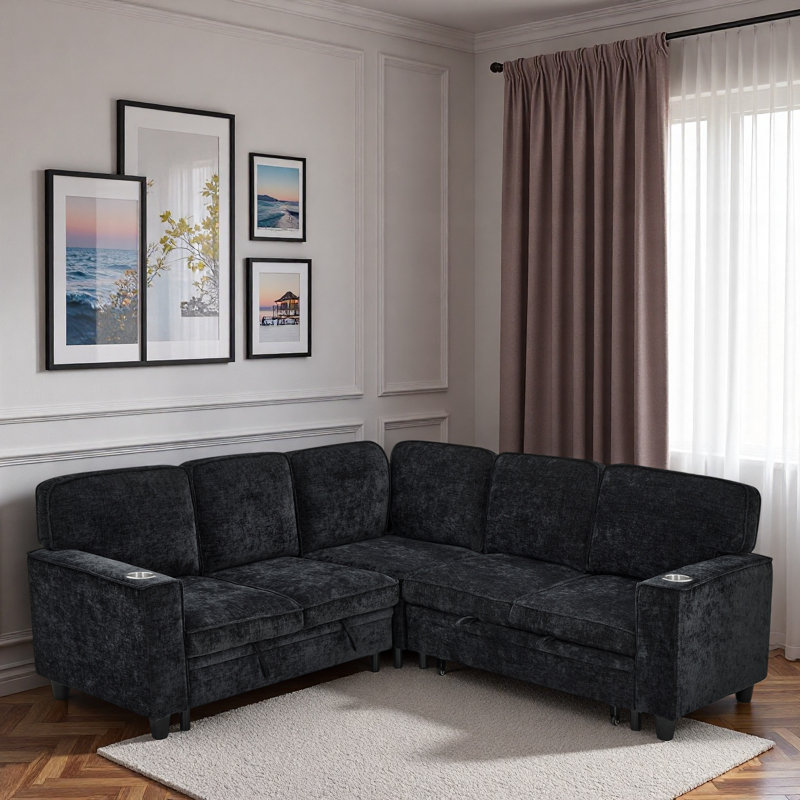 L-shaped Sectional Sofa With Storage Seat, Usb And Cup Holders, Charcoal Gray Chenille