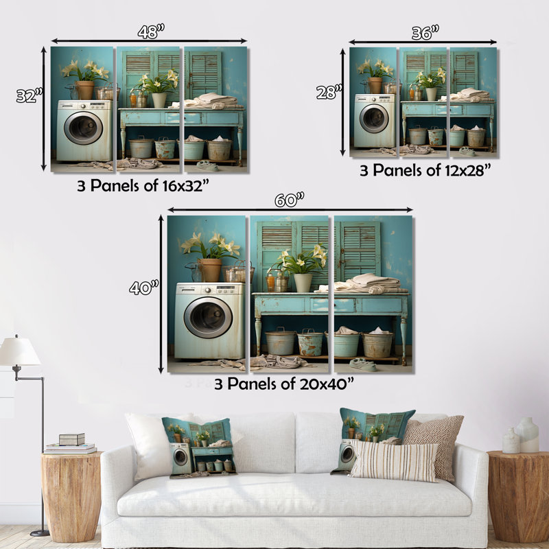 Turquoise Vintage Laundry Room I - 3 impressions sur toile tendue, H 28 po x l 36 po x P 1 po