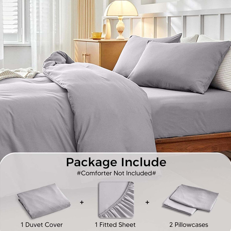 Luxurious 4-Piece Microfiber Duvet Complete Cover Set, Single Duvet Cover Set + 2 Additional Pieces, Silver