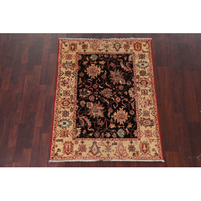 Tapis oriental noir à motif géométrique Ziegler noué à la main 4 x 5