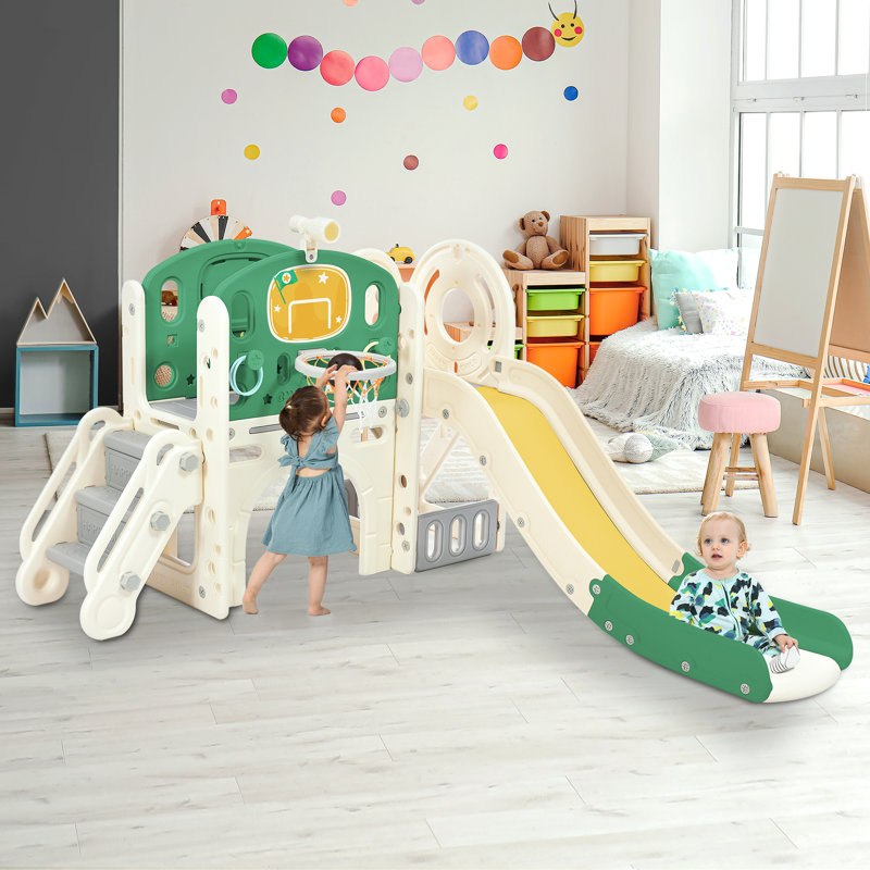 BASAT 60.2'' W Plastic Freestanding Slide, White/Green