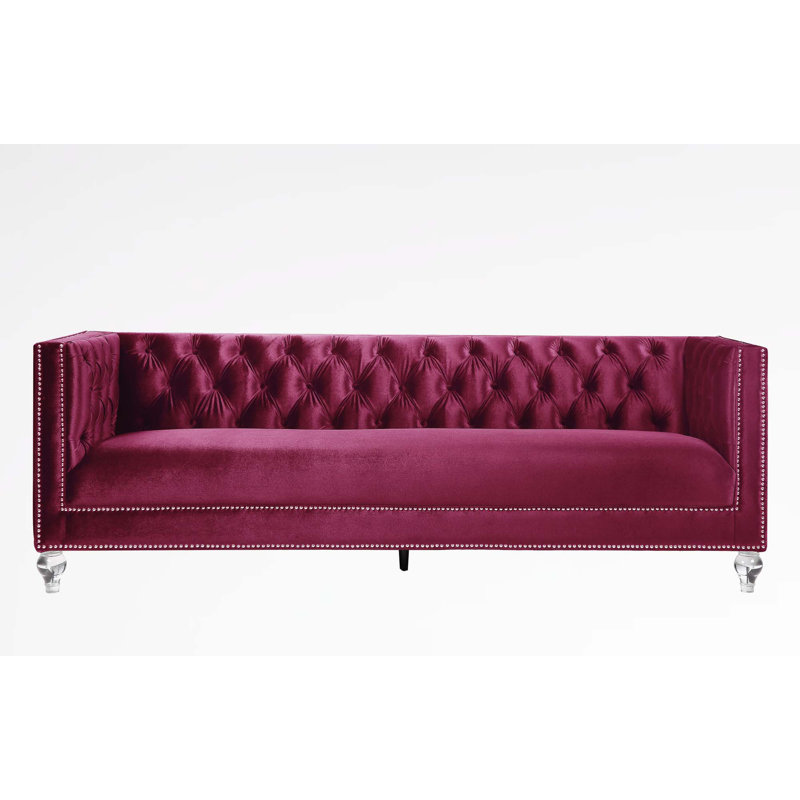 Canapé Wooten, design moderne capitonné Chesterfield, Velours bourgogne