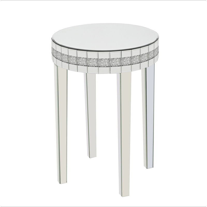 Artisanal Round Mirror Breakfast Table With Diamond-Cut Pedestal Space-Saving Bistro, White/Silver