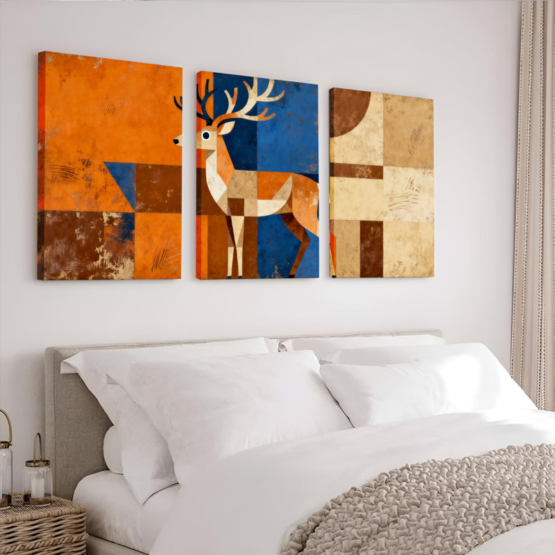 «Abstract Deer», ensemble de 3 reproductions d'art sur toile tendues à motif géométrique sur toile, H 18 po x l 36 po