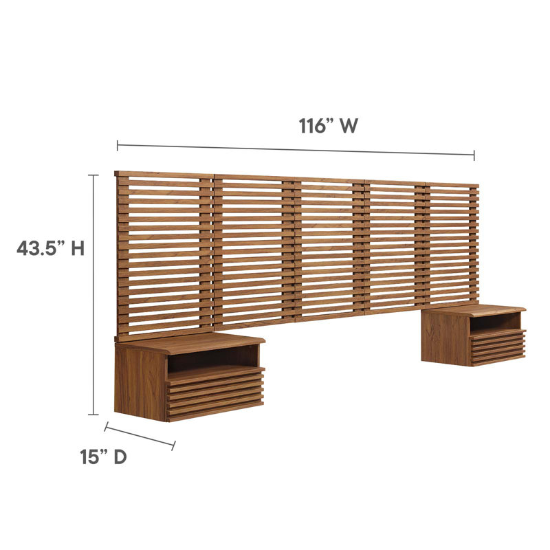Modway Render Wall Mount Queen Headboard and Modern Nightstands, Walnut