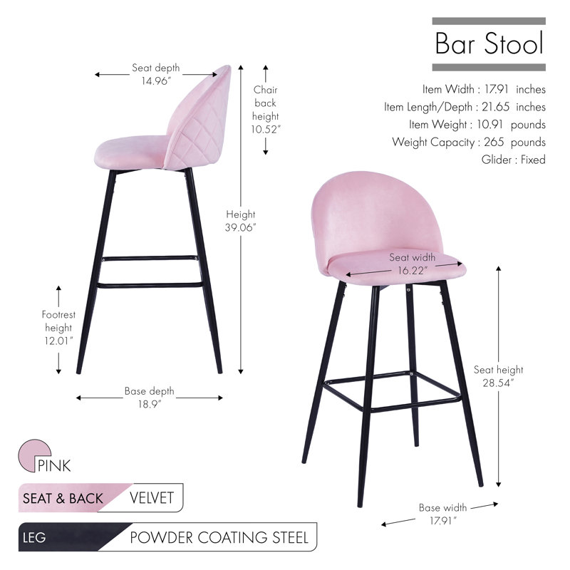 Upholstered Counter Stool with Metal Frame, Pink