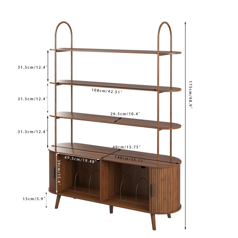 Tall Large Vinyl Record Player Stand, Fluted Long Record Storage Cabinet with Sliding Doors, 4 Tier Media Display Shelf for Living Room