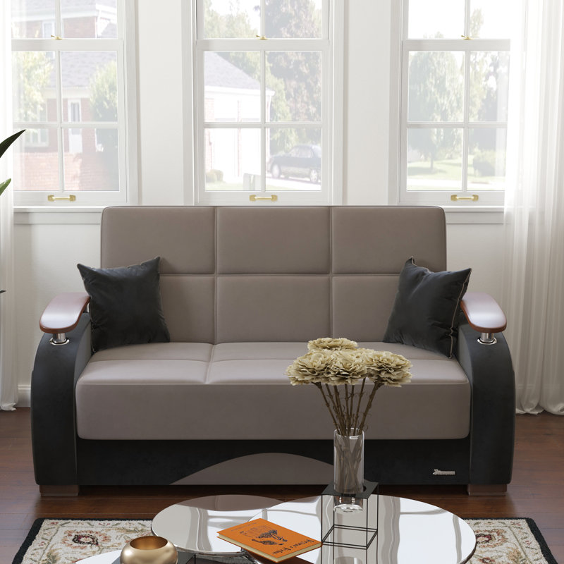 Convertible pour les petits espaces, revêtement en microfibre gris, fonction de rangement, configuration en 30 minutes, conversion du lit, sièges fermes de qualité, raccords galvanisés, mécanisme antirouille avec rangement, assemblage facile,