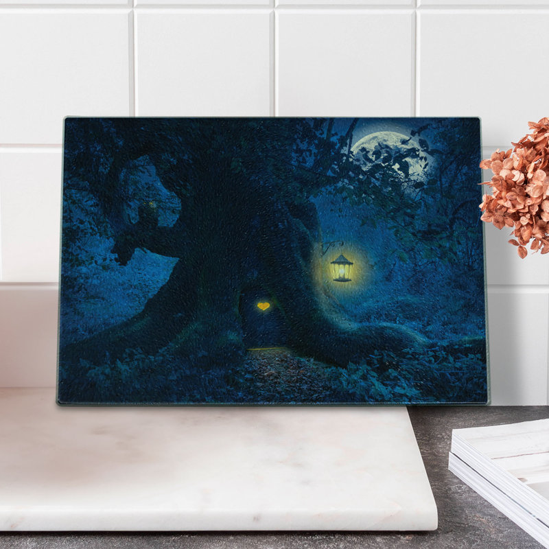 Ambesonne Navy Blue Tempered Glass Cutting Board Tree in Woods Navy Blue