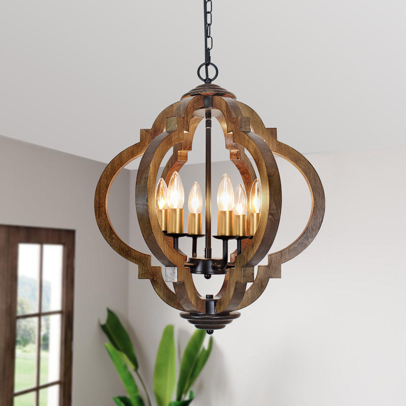 Lustre rustique en bois 6 lumières Allysha, Noir / brun / or