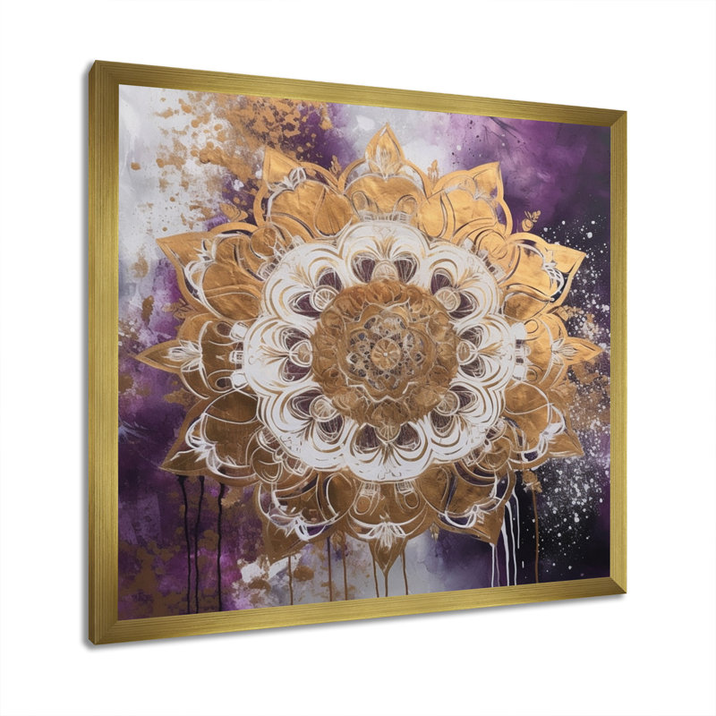 Mandala mauve et doré II sur toile, H 36 po x l 36 po x P 1,5 po, Cadre flottant doré