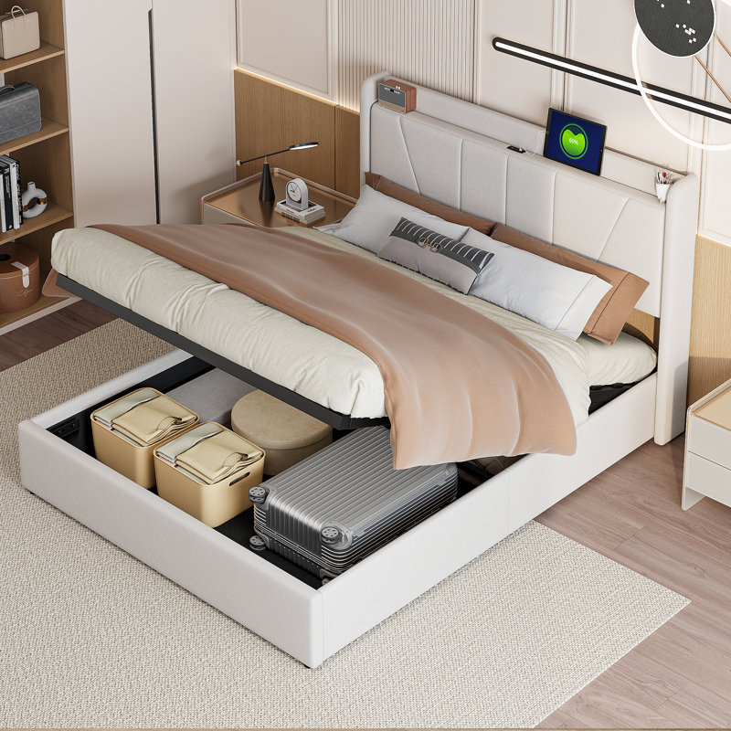 Upholstered Ottoman Storage Bed, Beige, European Kingsize (160 x 200 cm)