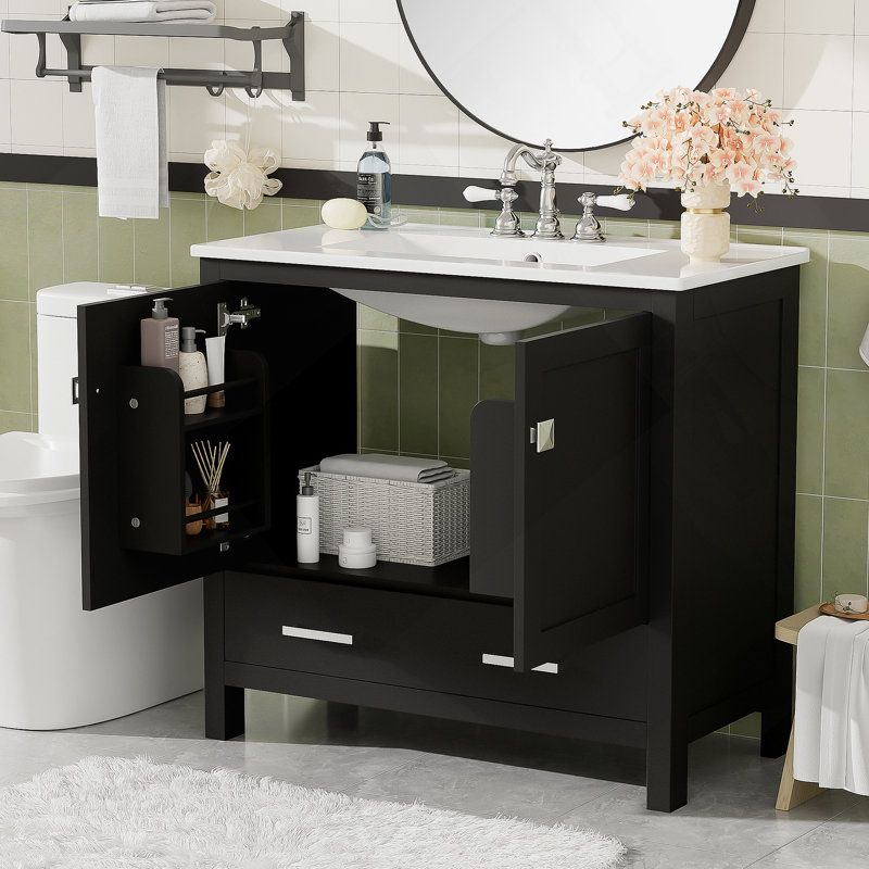 Meuble-lavabo de salle de bain avec lavabo en céramique, portes à fermeture en douceur, tablettes de rangement doubles et tiroir divisé pour un espace de salle de bain organisé et fonctionnel