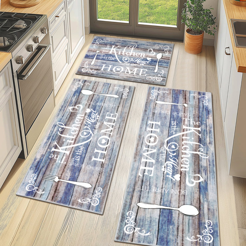 Tapis de cuisine antidérapant lavable à la machine, Bleu / blanc