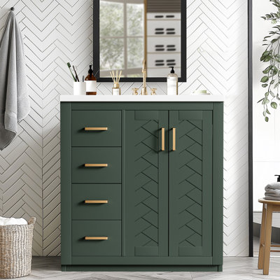 30'' Bathroom Vanity With Ceramic Sink Combo,Solid Wood Frame Bathroom Storage Cabinet